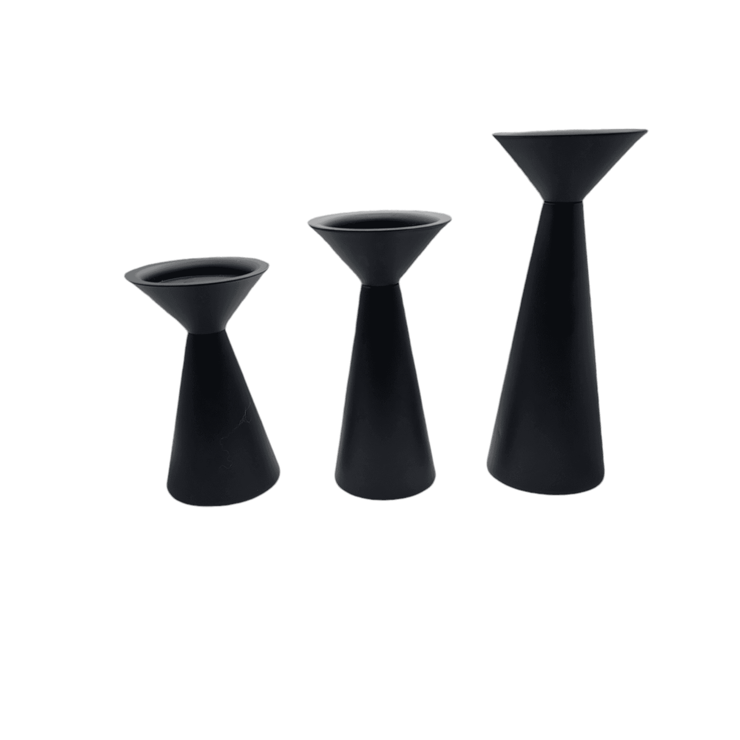 Modern black medal candle sticks set of three with sleek design.