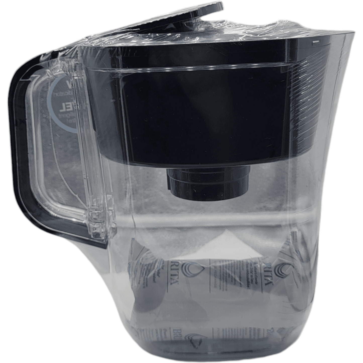 Modern looking water container with filter inside featuring a sleek black lid and transparent body. Ideal for stylish, eco-friendly water filtration.