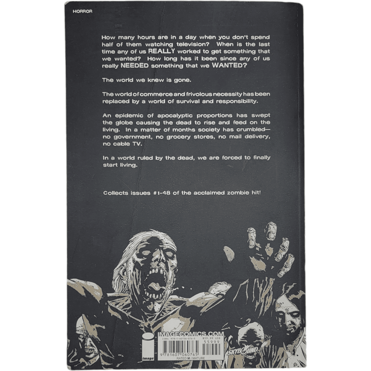 Back cover of The Walking Dead graphic novel with zombie illustration and series description