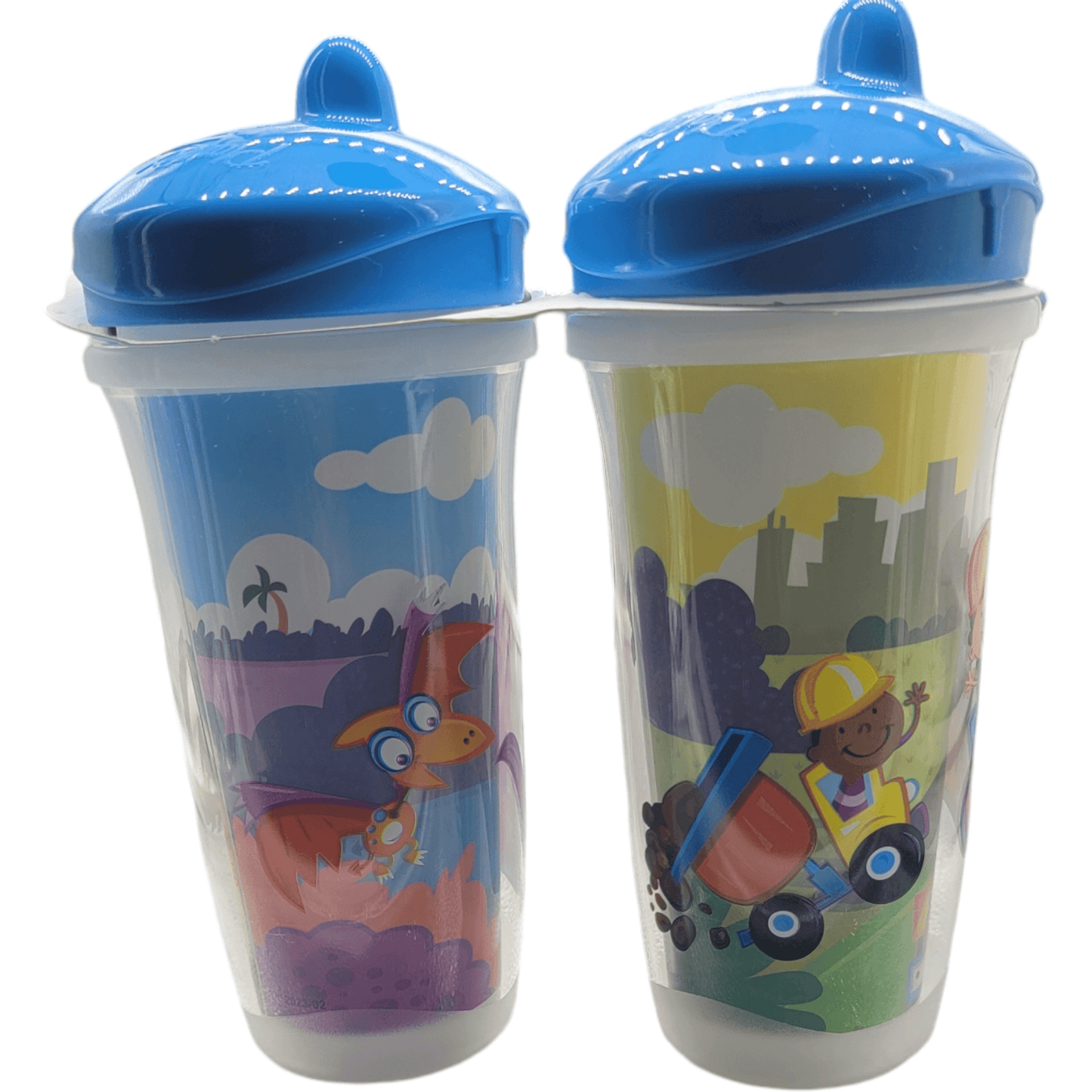 Two colorful children's cups with cartoon characters, featuring a dragon and a boy with a truck.