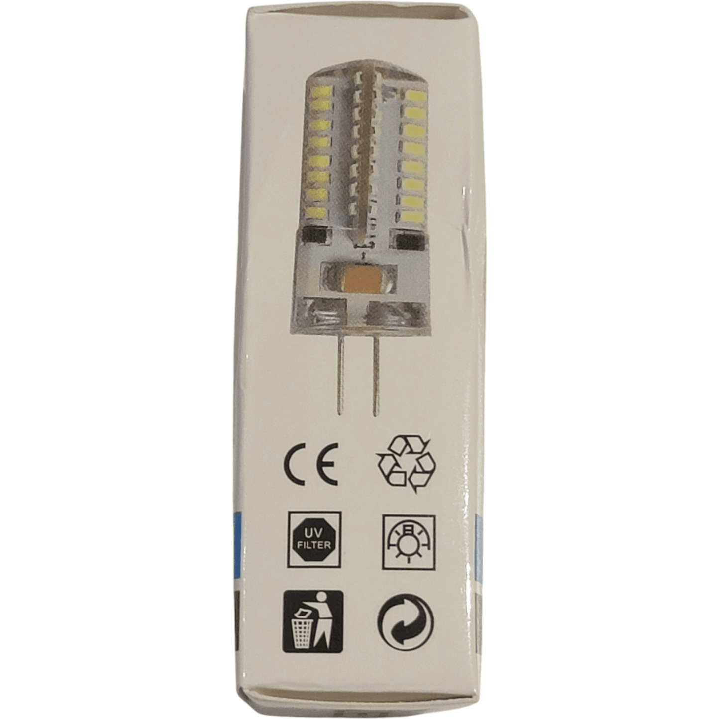 Back of LED G9 lamp light bulb packaging displaying certification icons and eco-friendly disposal information.