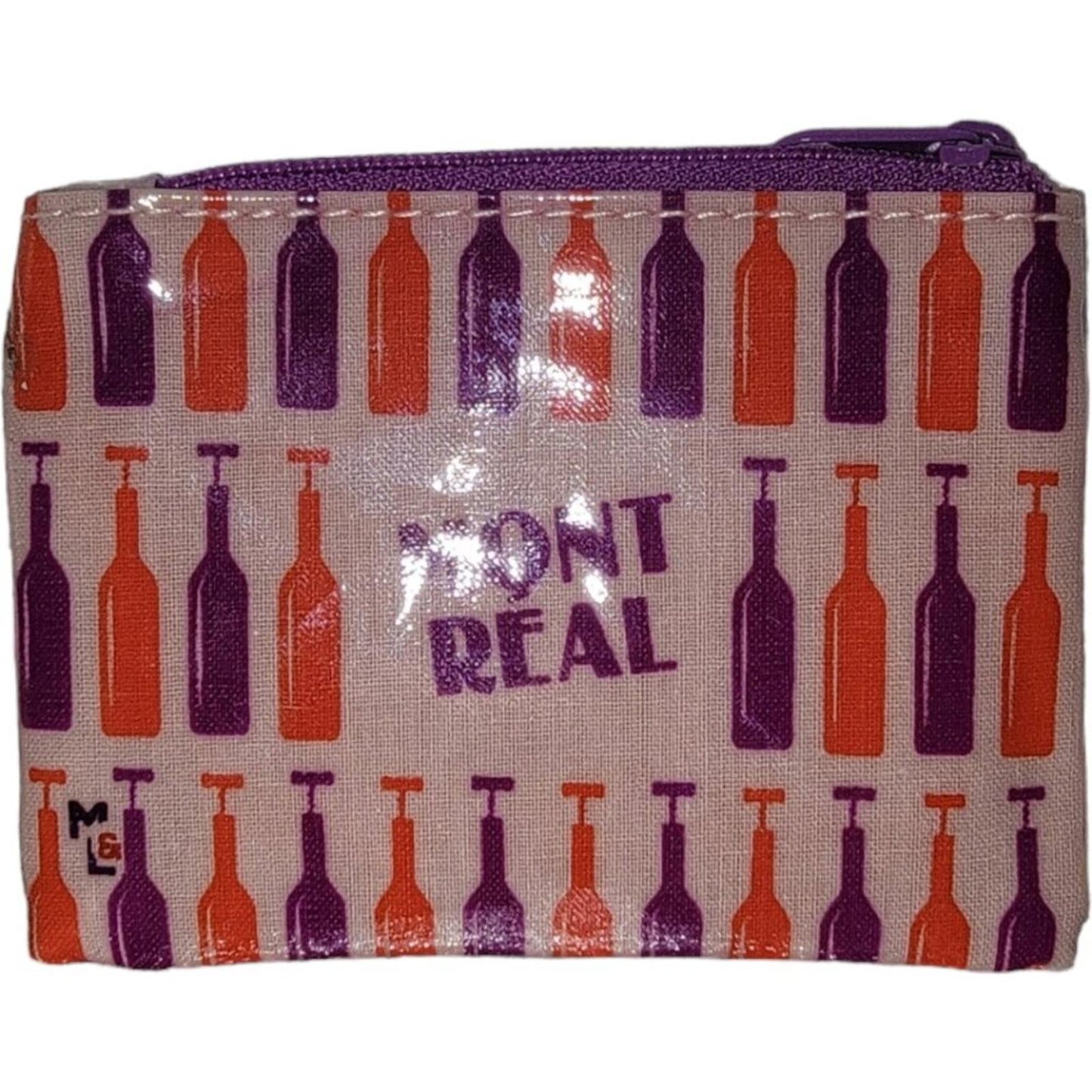 Mont Real Small Coin Purse with Bottle Print and Zipper Closure