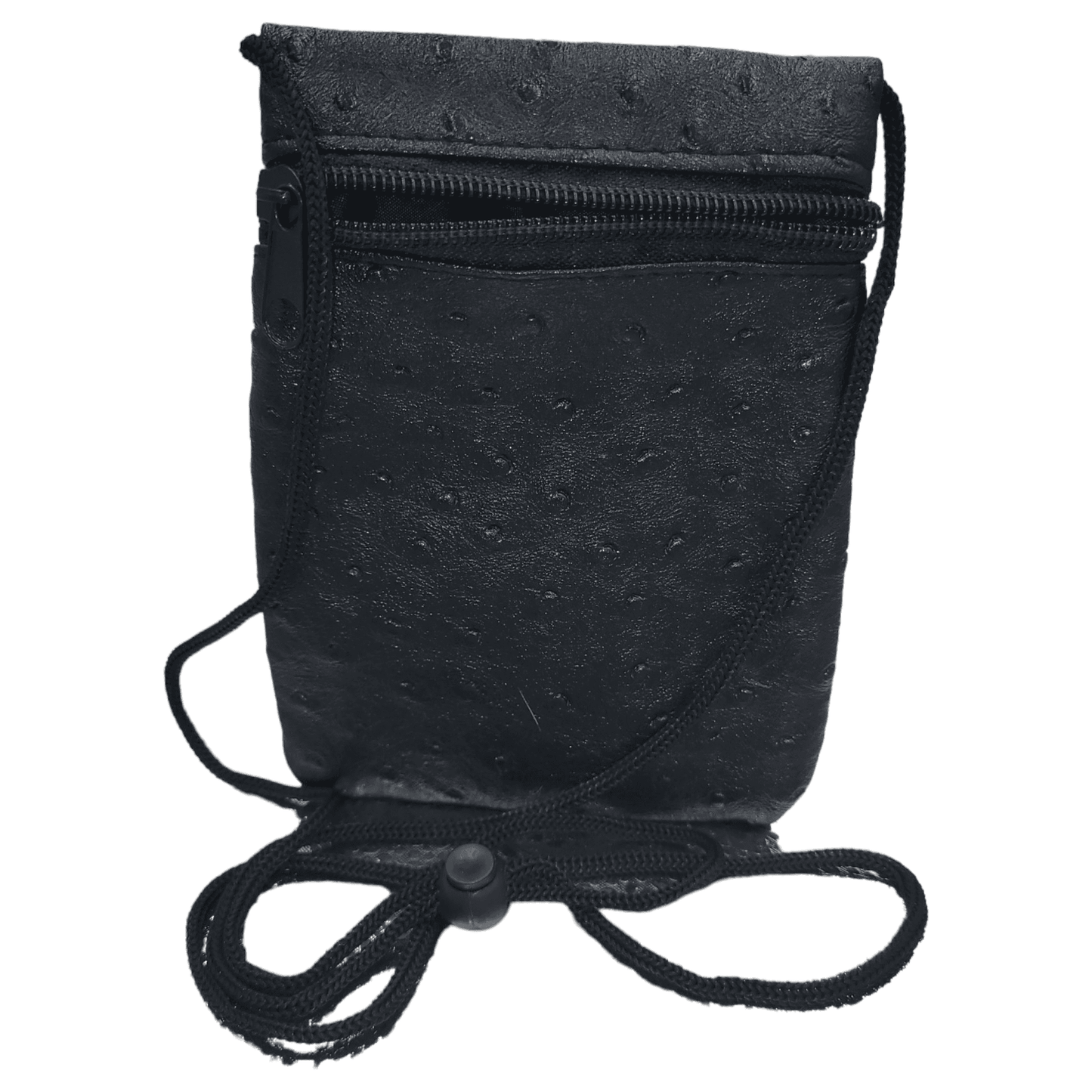 Mini travel bag in black with two zippered pockets and adjustable shoulder strap.