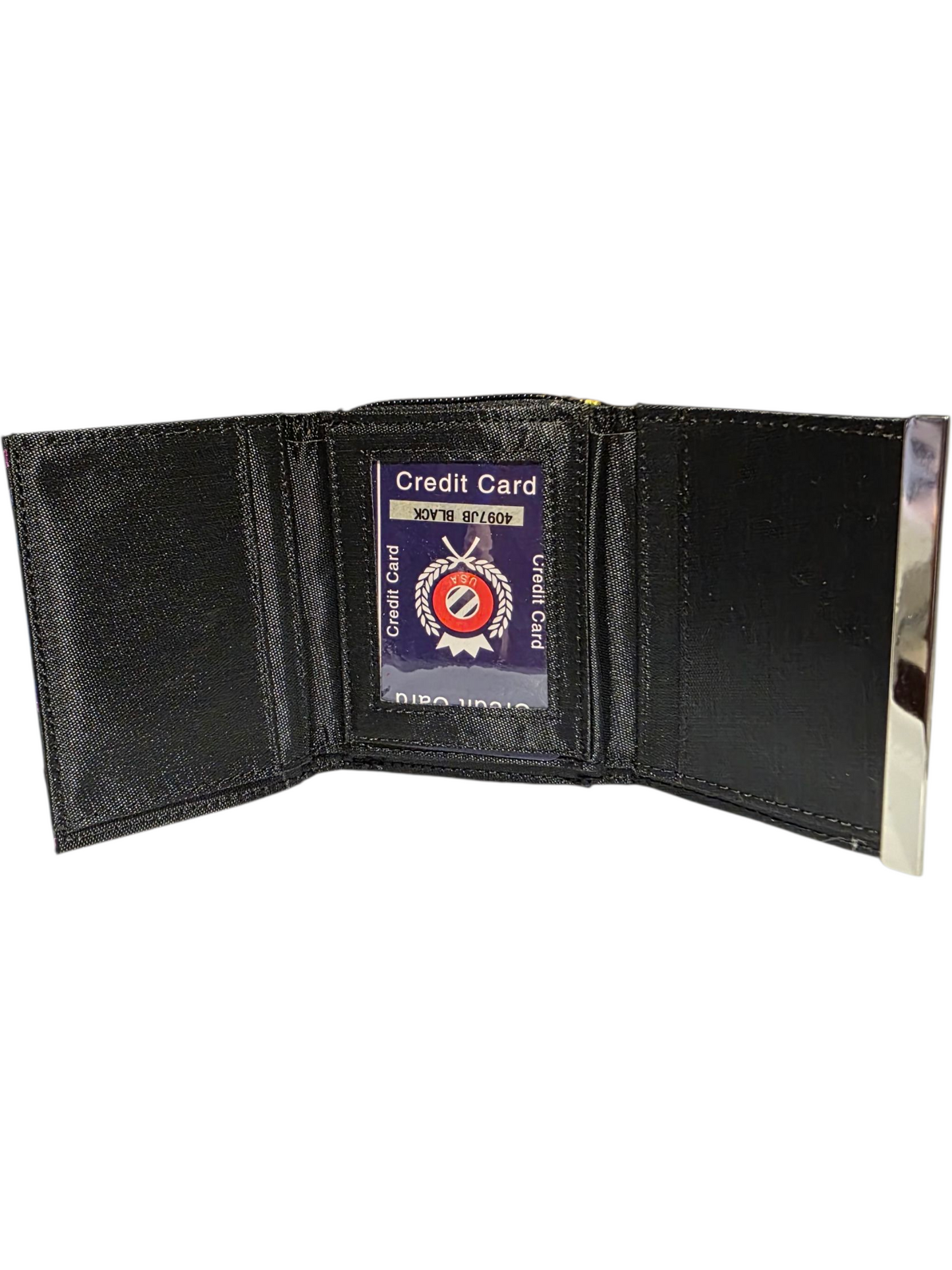 Black leather wallet with credit card slots and ID window, perfect for daily use and organization.