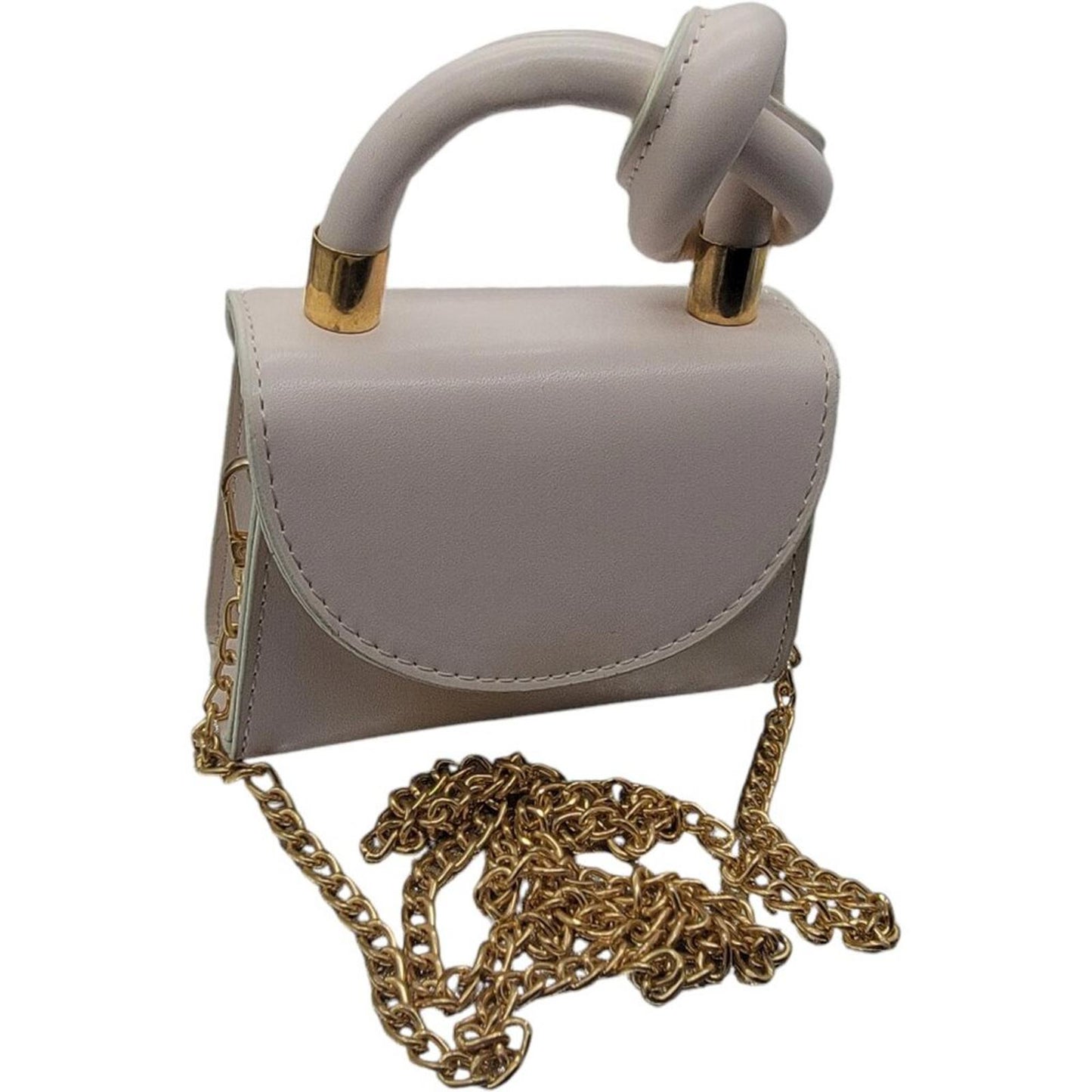 Mini Beige Leather Handbag with Gold Chain Strap