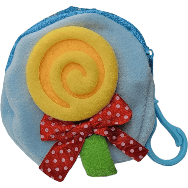 Children's coin holder pouch with yellow lollipop design and red polka dot bowtie, featuring a blue zipper and plastic clasp.