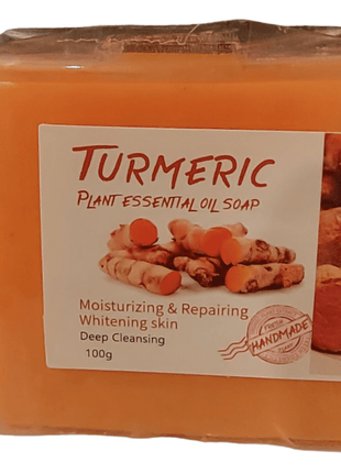 A handmade turmeric plant essential oil soap for moisturizing, repairing, whitening skin, and deep cleansing, weighing 100g.