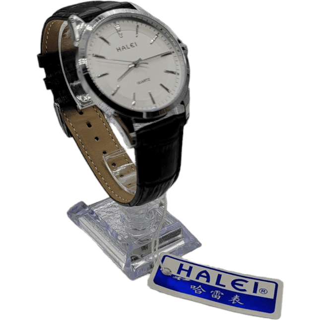 Halei wristwatch with black leather strap on display stand