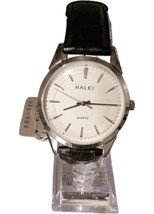 Silver analog wristwatch with black leather strap