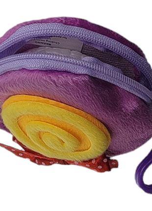 Plush purple and yellow snail-shaped pouch with a zipper.