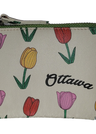 White wallet with colorful tulip prints and the word 'Ottawa' written on it.