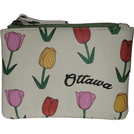 White wallet with colorful tulip prints and the word 'Ottawa' written on it.