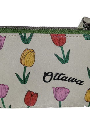 A small white pouch with a pattern of colorful tulips and the word 'Ottawa' printed on it.