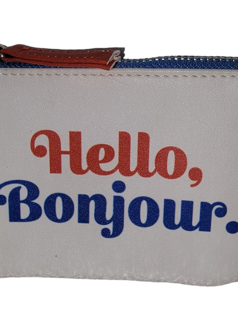 White pouch with 'Hello, Bonjour.' printed in red and blue.