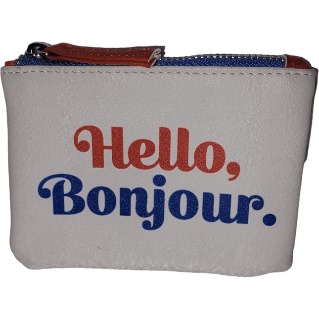 White pouch with 'Hello, Bonjour.' printed in red and blue.