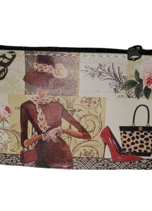 Stylish wallet adorned with floral designs, a vintage lady, butterfly, and fashion accessories.