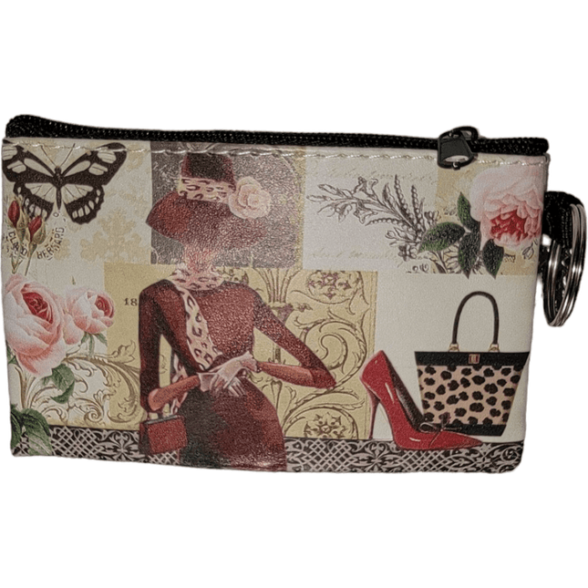 Stylish wallet adorned with floral designs, a vintage lady, butterfly, and fashion accessories.