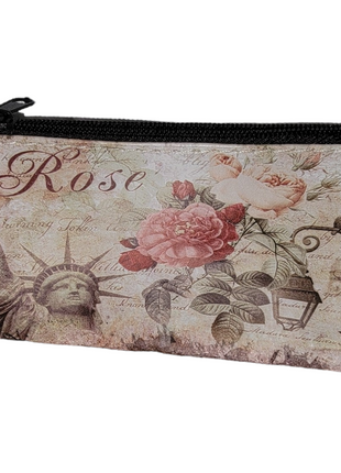 Floral themed cosmetic pouch with vintage design and zipper closure.