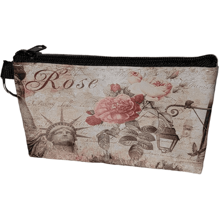 Floral themed cosmetic pouch with vintage design and zipper closure.