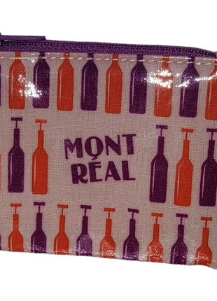 Pouch with 'Montreal' text and bottle pattern design