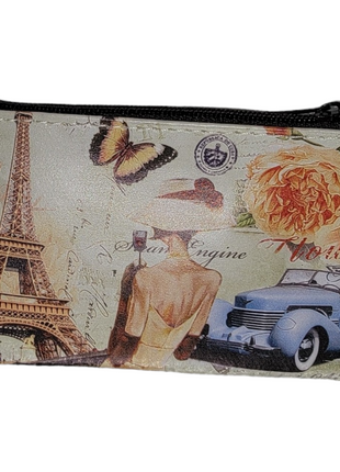 Small pouch with vintage Paris-themed design, featuring the Eiffel Tower, butterfly, rose, and classic car.