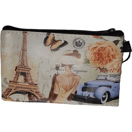 Small pouch with vintage Paris-themed design, featuring the Eiffel Tower, butterfly, rose, and classic car.