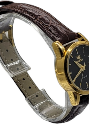 Gold wristwatch with black dial and brown leather strap.