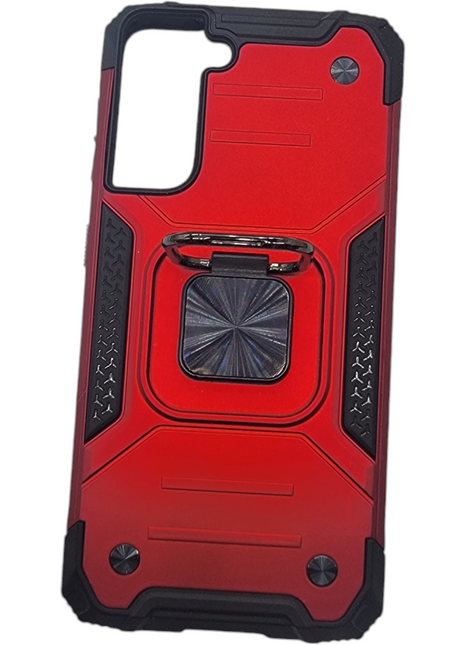 Red phone case with a metal ring and textured details