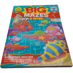 Colorful children's activity book titled 'Big Mazes & More' for ages 6-8, featuring sea creatures on the cover.