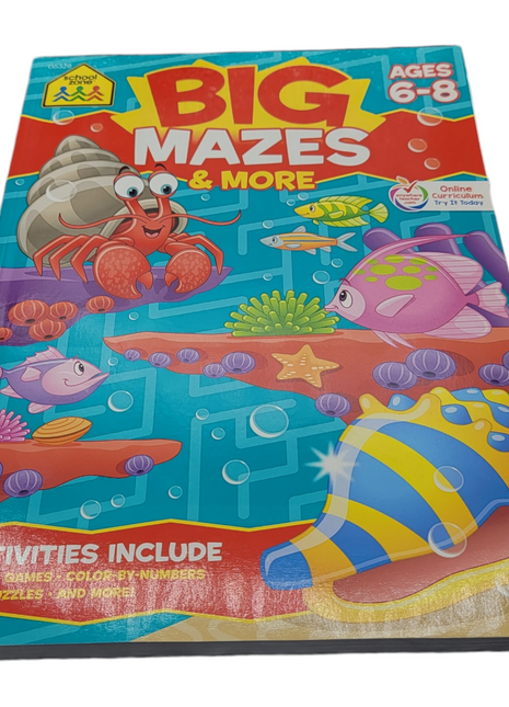 Colorful children's activity book titled 'Big Mazes & More' for ages 6-8, featuring sea creatures on the cover.