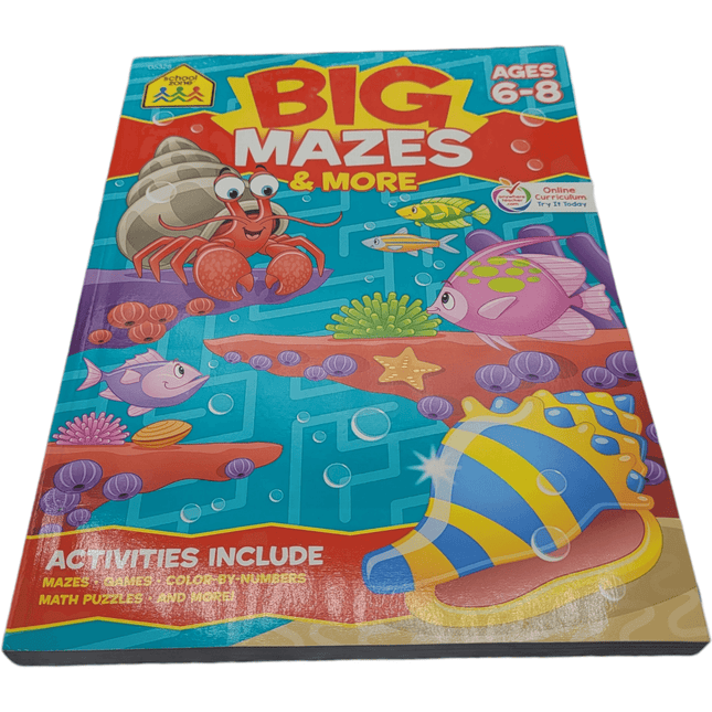 Big Mazes and More puzzle book for ages 6-8 with colorful underwater-themed cover featuring sea creatures. Ideal for kids who enjoy mazes and puzzles.
