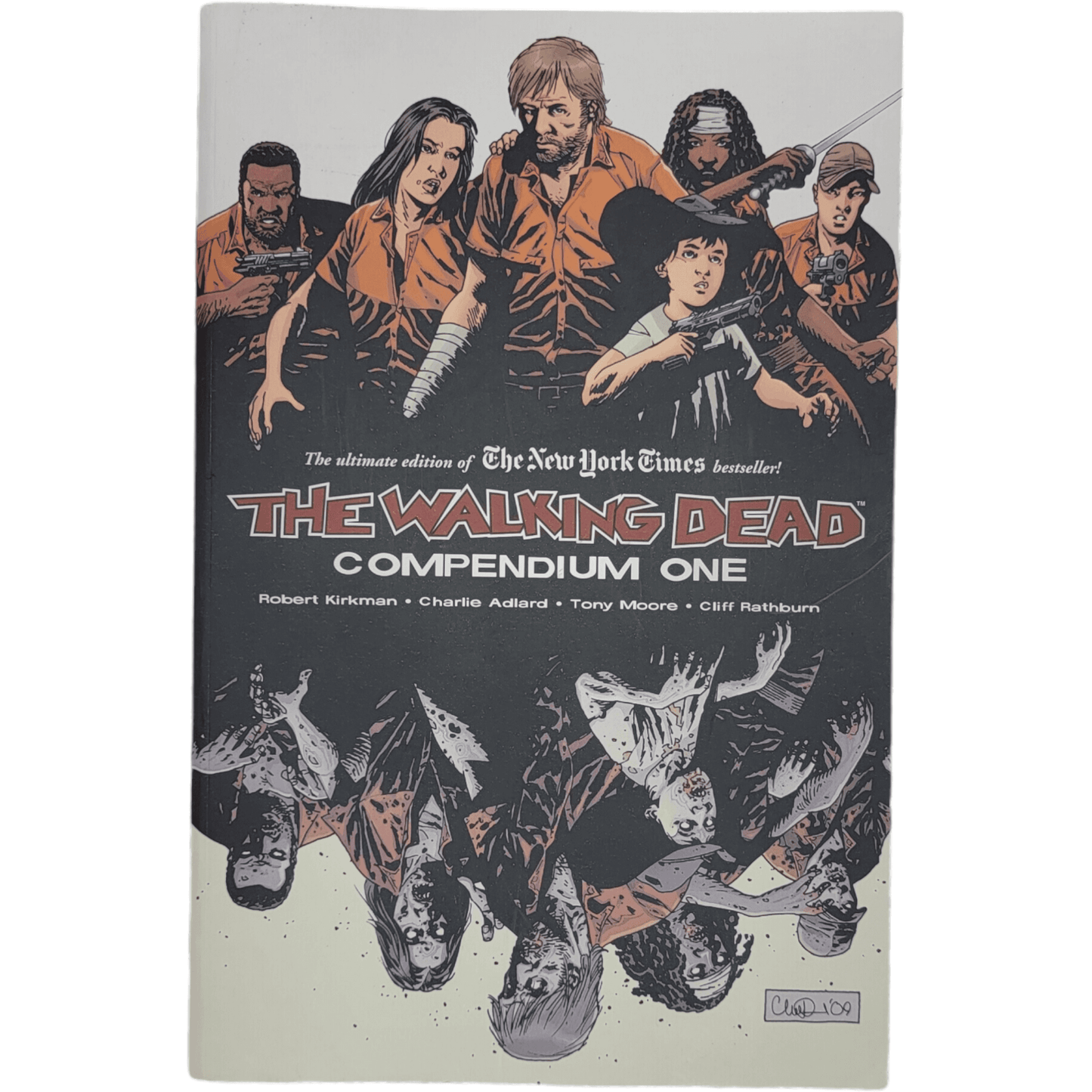 The Walking Dead graphic novel cover featuring key survivors and zombies in a post-apocalyptic setting