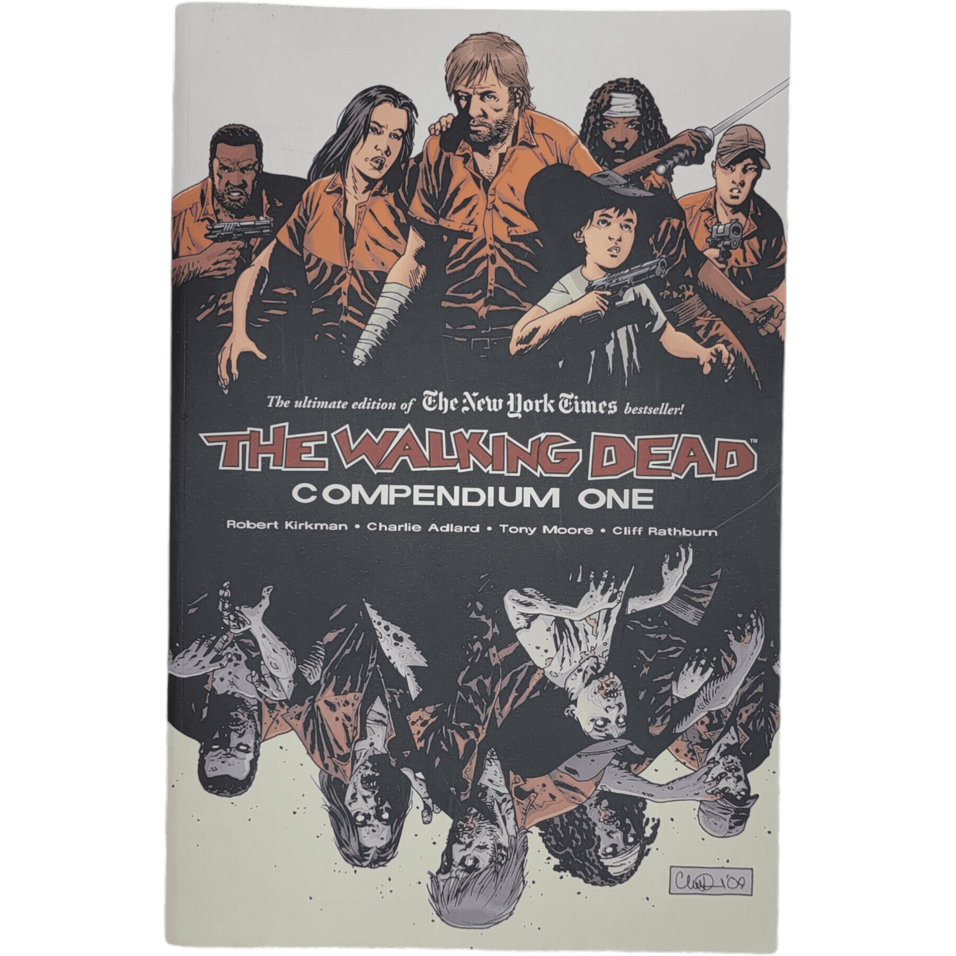The Walking Dead graphic novel cover featuring key survivors and zombies in a post-apocalyptic setting