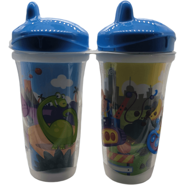 Two colorful cups with cartoon characters and a blue lid