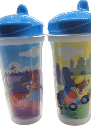 Two children's cups with blue lids and colorful illustrations of a dinosaur and a construction scene.