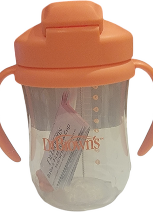 Orange sippy cup with handles and a straw lid