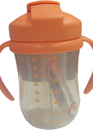 Orange sippy cup with handles and a straw lid