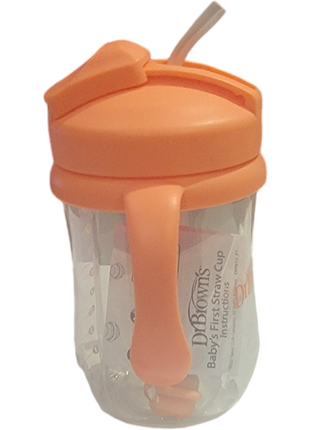 Orange sippy cup with handles and a straw lid