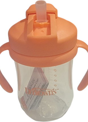 Orange sippy cup with handles and a straw lid