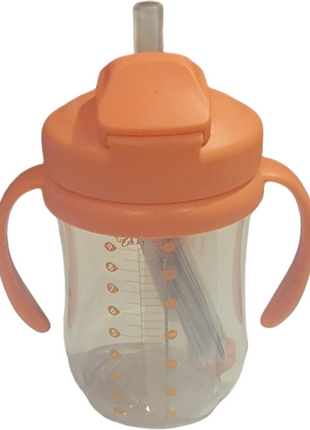 Orange sippy cup with handles and a straw lid