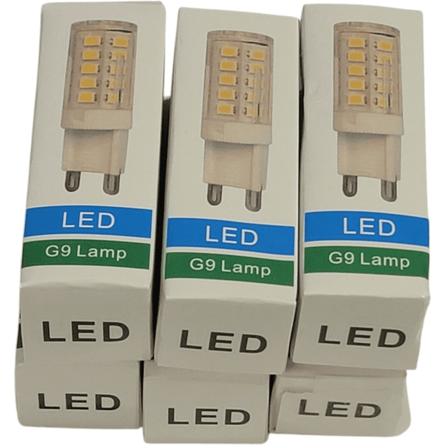 Pack of 6 LED G9 lamp light bulbs in retail boxes, ideal for energy-efficient home or office lighting upgrades.