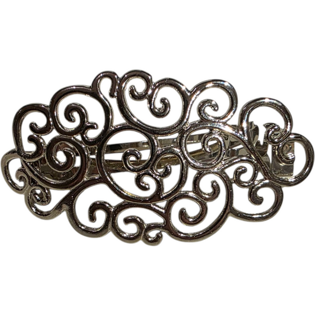 Decorative metallic hair brooch with intricate swirling design, 8cm x 4cm x 2cm size