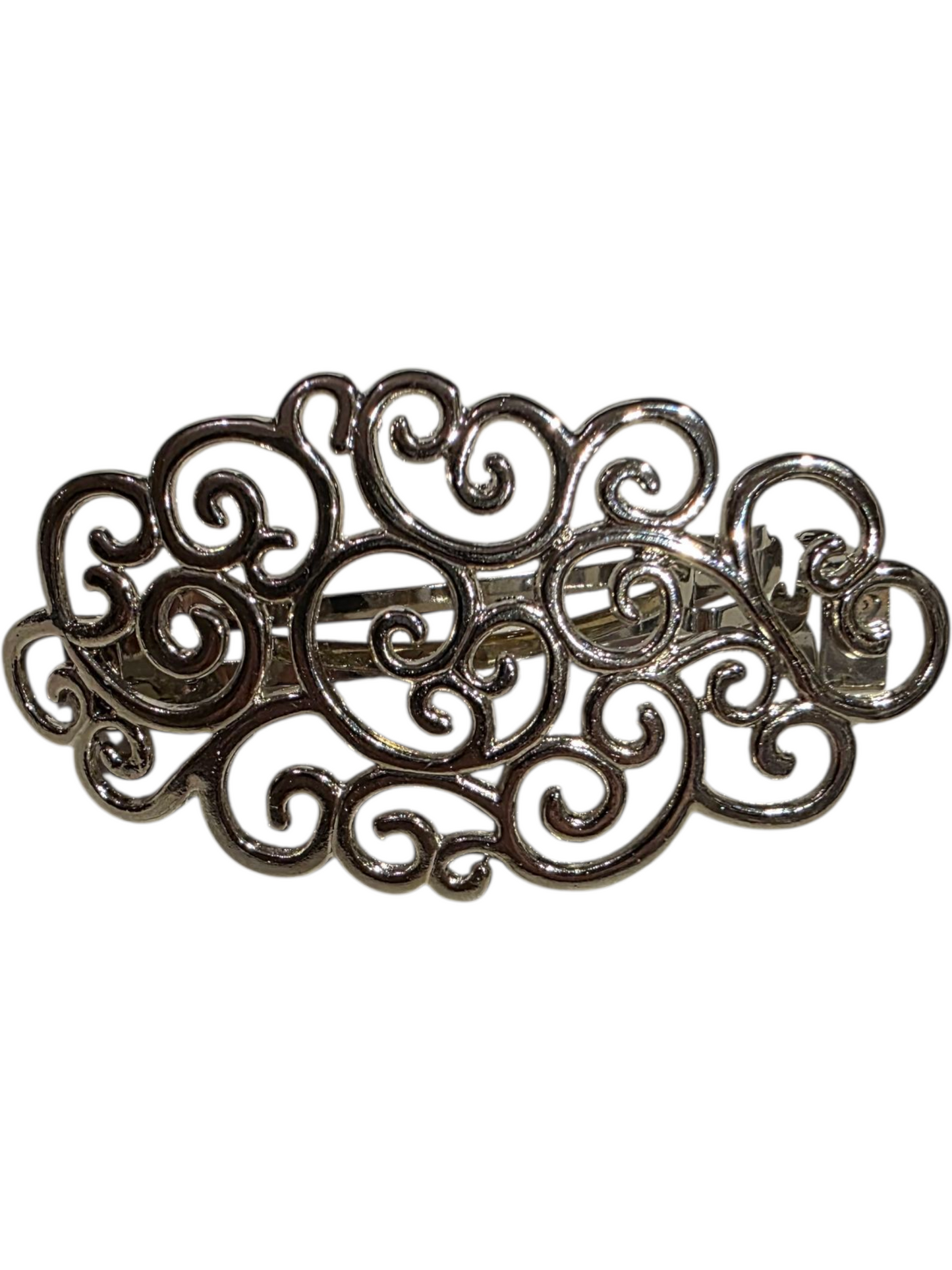 Decorative metallic hair brooch with intricate swirling design, 8cm x 4cm x 2cm size