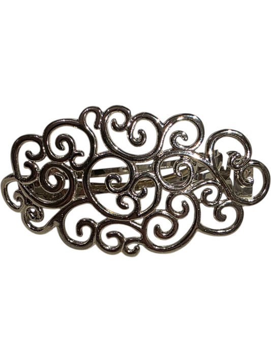 Decorative metallic hair brooch with intricate swirling design, 8cm x 4cm x 2cm size