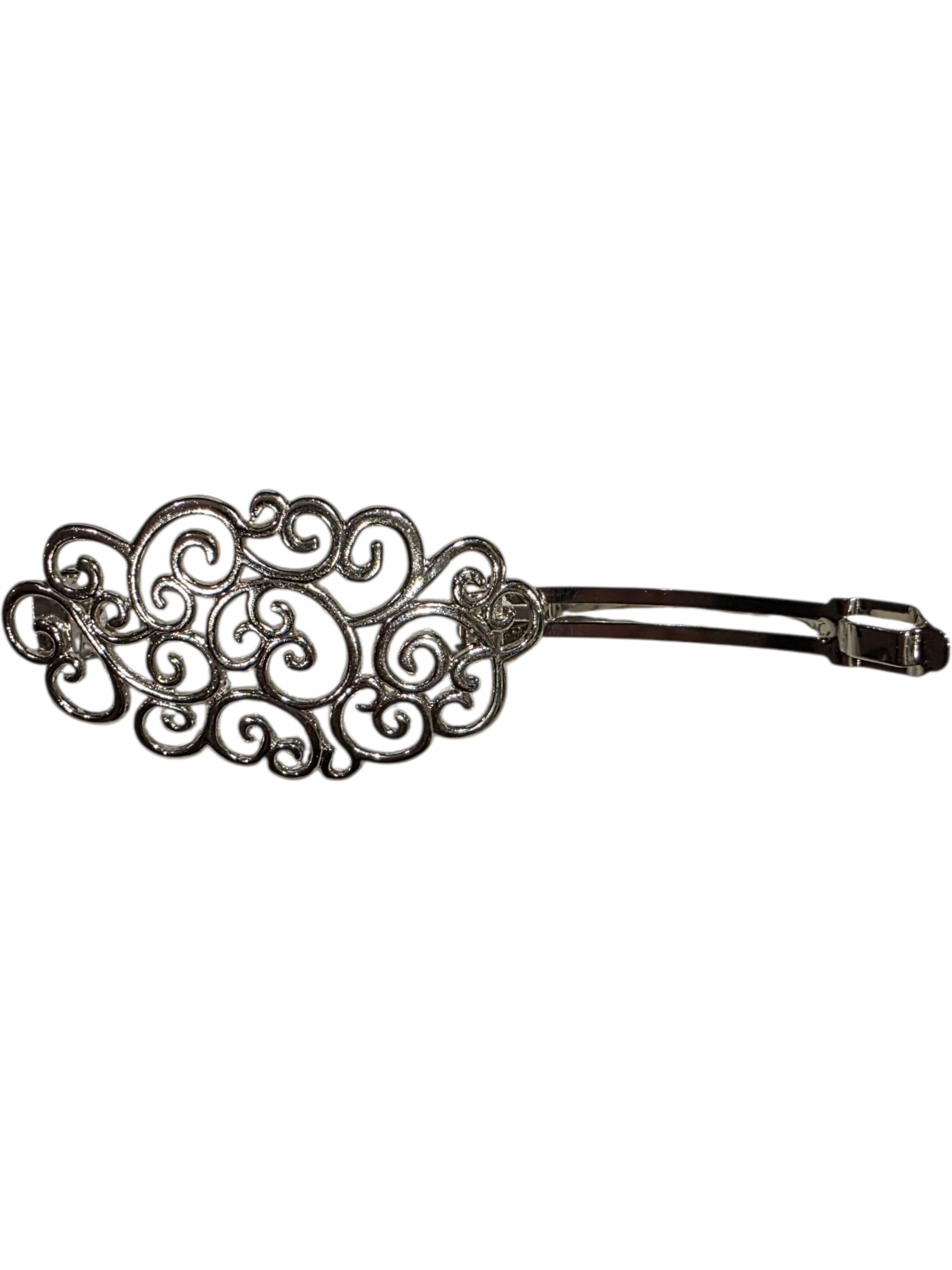 Decorative 8cm hair brooch with intricate swirl design in silver tone