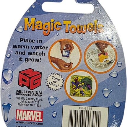 Magic Towels original packaging showing water-activated expanding towel collectible by Marvel