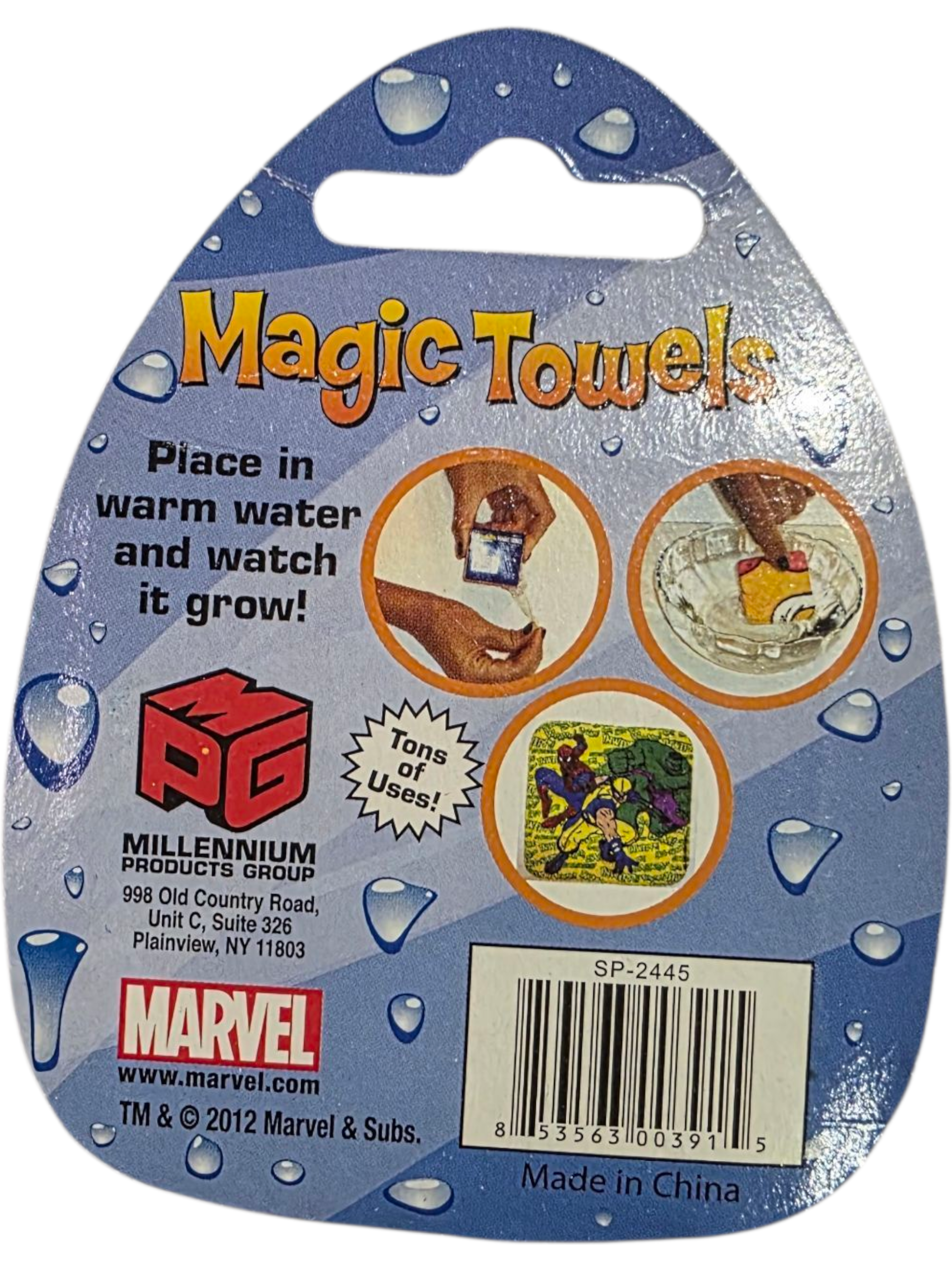 Magic Towels original packaging showing water-activated expanding towel collectible by Marvel
