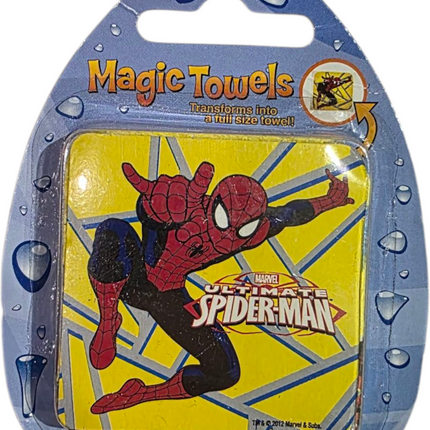 Magic Towels collectible unopened packaging featuring Spider-Man design