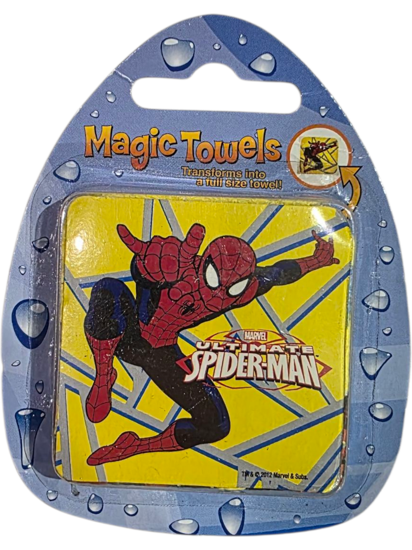 Magic Towels collectible unopened packaging featuring Spider-Man design