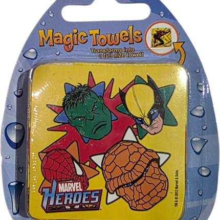 Magic Towels Marvel Heroes collectible in original unopened packaging featuring Hulk, Wolverine, Spider-Man, and The Thing designs